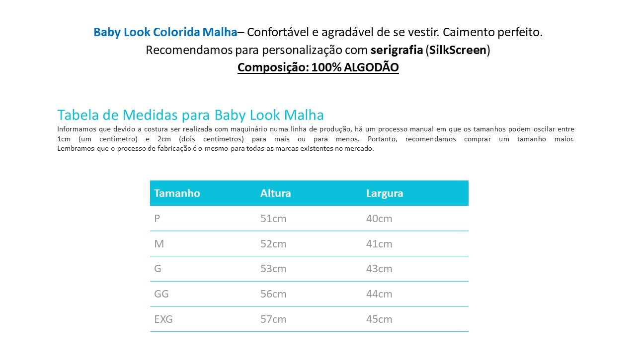 Camiseta Baby Look - Feminina - Gola Careca ou Gola V